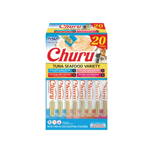 Inaba Churu - Tuna & Seafood Variety Box - Лакомство за котки - нежен крем с морски дарове, кутия  20 бр  (4 вида х 5 бр)