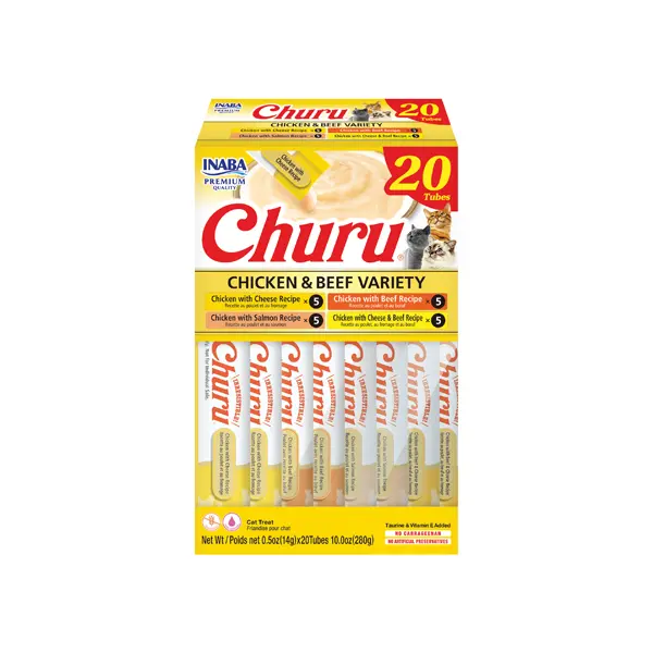Inaba Churu - Chicken & Beef Variety Box - Лакомство за котки - нежен крем с пилешко и телешко, кутия  20 бр  (4 вида х 5 бр)