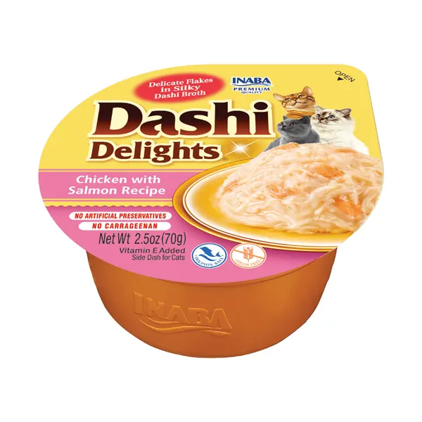 Inaba Dashi Delights Chicken with Salmon - топинг с късчета месо в японски бульон - Пиле и Сьомга, 70 гр