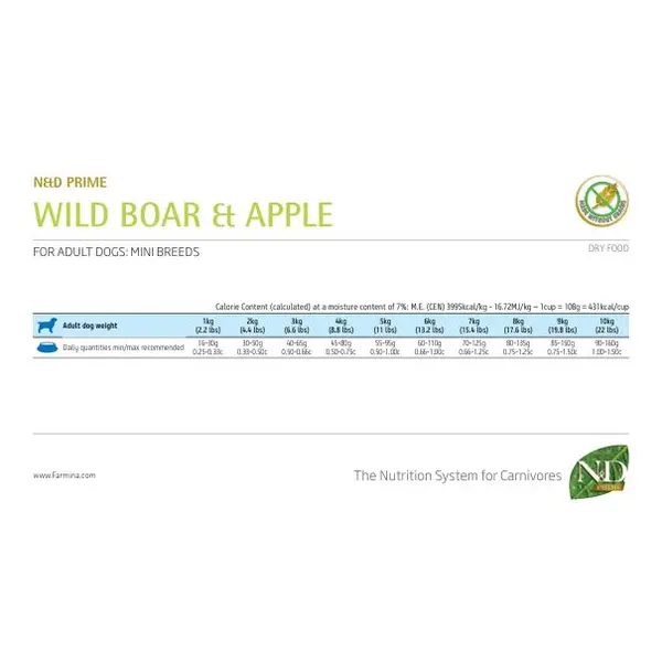 N&D Prime Wild Boar & Apple Adult Mini – суха храна без зърнени култури за кучета в зряла възраст от дребни породи, с глиган и ябълка 7 кг