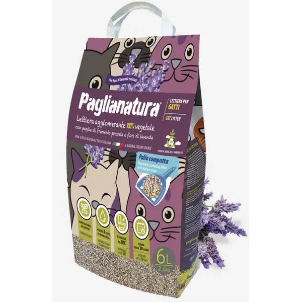 Paglianatura 2,4kg / 6L - Натурална, екологична постелка за котешка тоалетна от пшеничена слама с лавандулови цветя