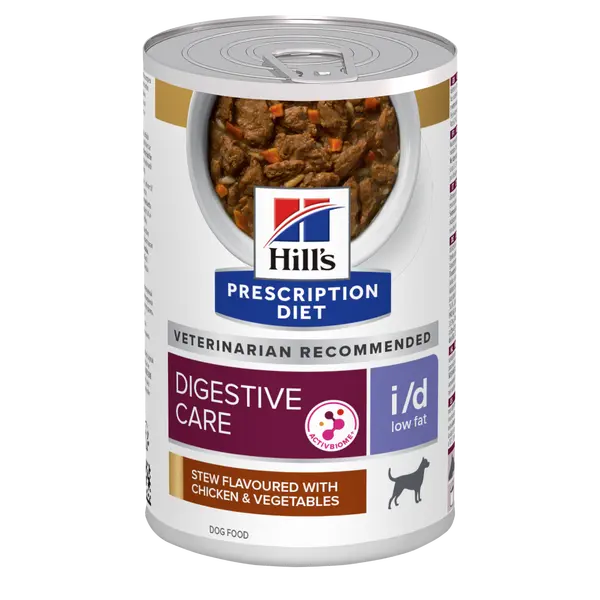 Hill's PRESCRIPTION DIET i/d Low Fat AB+ Stew - лечебна мокра храна за кучета с храносмилателни разстройства, панкреатит или състояния, изискващи ниски нива на мазнини – консерва задушено пилешко със зеленчуци,  354 гр