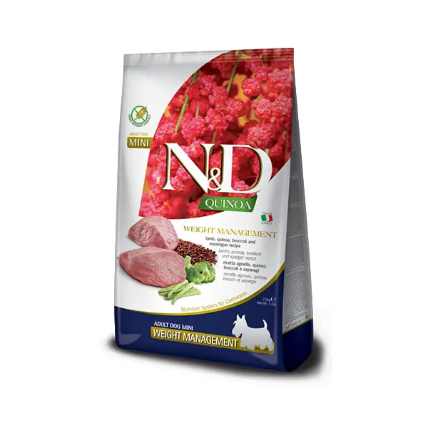 N&D Quinoa Weight Management with Lamb Adult MINI – суха храна за поддържане на идеално телесно тегло, без зърнени култури за кучета над 1 година от дребни породи, с агнешко, киноа, броколи и аспержи - 7 кг