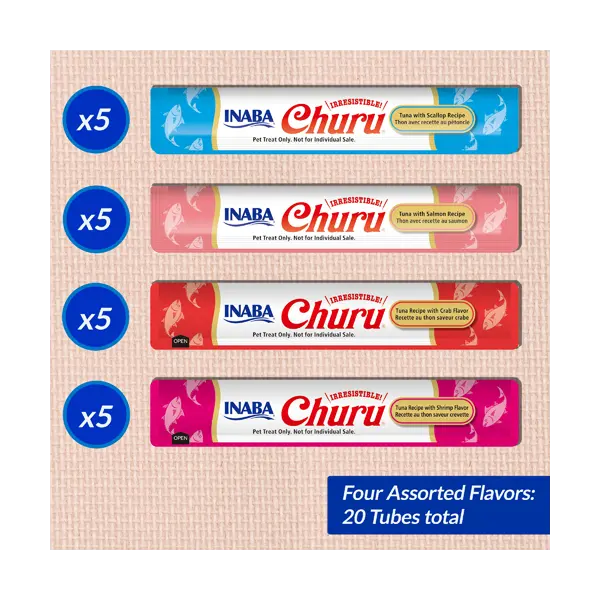 Inaba Churu - Tuna & Seafood Variety Box - Лакомство за котки - нежен крем с морски дарове, кутия  20 бр  (4 вида х 5 бр)