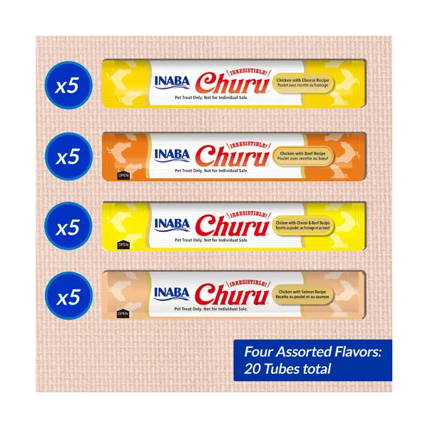 Inaba Churu - Chicken & Beef Variety Box - Лакомство за котки - нежен крем с пилешко и телешко, кутия  20 бр  (4 вида х 5 бр)