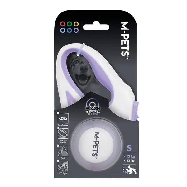 M-pets Flash Purple - Автоматичен повод с фенерче и LED светлини, 3 м, за кучета до 15кг, лилав