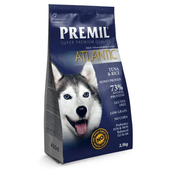 Premil Atlantic - пълноценна храна за кучета, склонни към алергии, с риба тон и ориз - 2,5 кг