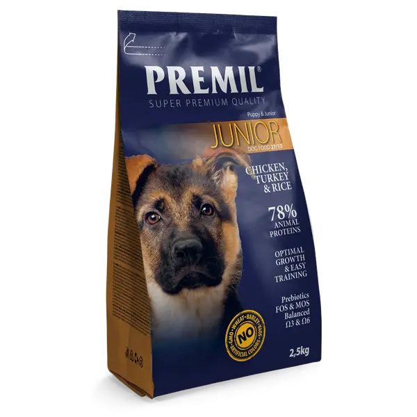 Premil Junior 27/17 - пълноценна храна за кучета от големи и едри породи до 1 година с пилешко и патешко месо - 2,5 кг