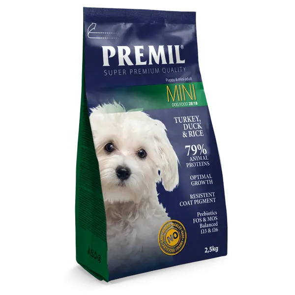 Premil Mini - пълноценна храна за кучета  от малки и средни породи с пуешко и ориз - 2,5 кг