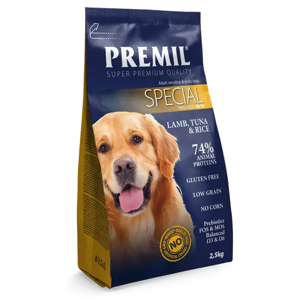 Premil Special 26/16 - пълноценна храна за кучета с капризен апетит с агнешко месо и ориз -2,5 кг