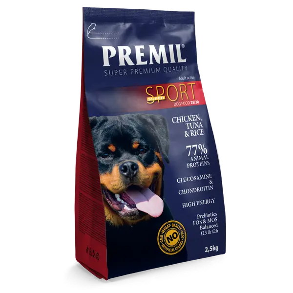 Premil Super Sport 25/20 - пълноценна високо енергийна храна с пилешко и патешко месо - 2,5 кг
