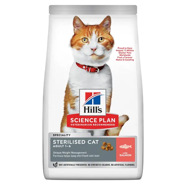 Hill's Science Plan Feline Adult Sterilised Salmon - Пълноценна суха храна за израснали кастрирани котки от 1 до 6 години, със сьомга, 1,5 кг