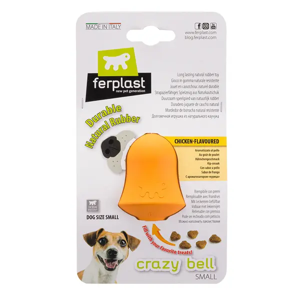 Ferplast Crazy Bell Small - Играчка за кучета от естествен каучук с вкус на пиле, може да се напълни с гранули или лакомства, малка