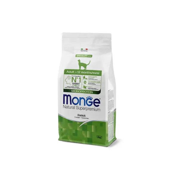 Monge Natural Superpremium Monoprotein Adult Cat Rabbit - Пълноценна суха храна за котки в зряла възраст със заешко - 1,5 кг