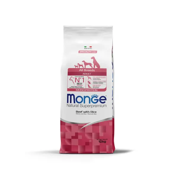 Monge  All breeds Adult Monoprotein Beef with Rice - Пълноценна суха храна за кучета в зряла възраст от всички породи с телешко и ориз - 2,5 кг