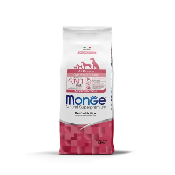 Monge  All breeds Puppy and Junior Monoprotein Beef with Rice - Пълноценна суха храна за подрастващи кученца от всички породи с телешко и ориз - 2,5 кг