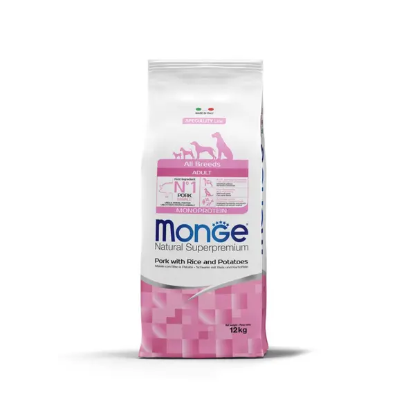 Monge All breeds Adult Monoprotein Pork with Rice and Potatoes - Пълноценна суха храна за кучета в зряла възраст от всички породи със свинско, ориз и картофи - 2,5 кг