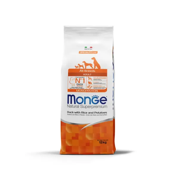 Monge All breeds Adult Monoprotein Duck with Rice and Potatoes - Пълноценна суха храна за кучета в зряла възраст от всички породи с патешко, ориз и картофи - 2,5 кг