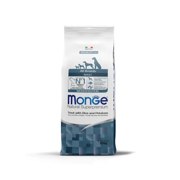 Monge All breeds Adult Monoprotein Trout with Rice and Potatoes - Пълноценна суха храна за кучета в зряла възраст от всички породи с пъстърва, ориз и картофи - 2,5 кг