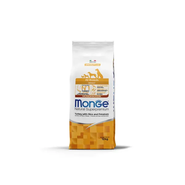 Monge All Breeds Adult Monoprotein Turkey with Rice and Potatoes - Пълноценна суха храна за кучета в зряла възраст от всички породи с пуешко, ориз и картофи - 2,5 кг
