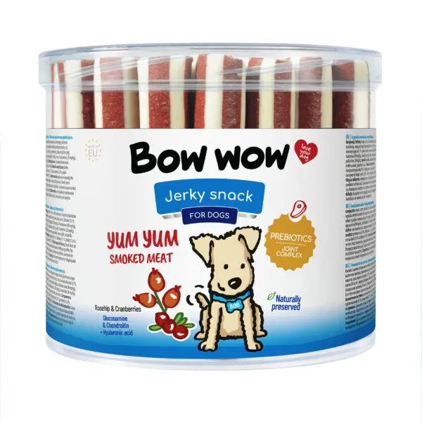 BOW WOW YUM YUM - Лакомство за кучета, пръчици от пушено месо с шипка и червени боровинки - 35 броя, 1450 гр