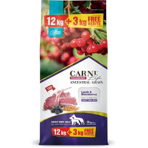 Carni Life Cranberry ADULT MEDIUM&MAXI с агне и къпини 12 kg + 3 kg GRATIS – Пълноценна и балансирана храна за средни и едри породи кучета 12 кг + 3 кг ГРАТИС