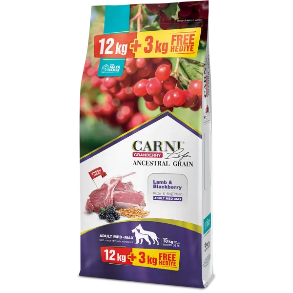 Carni Life Cranberry ADULT MEDIUM&MAXI с агне и къпини 12 kg + 3 kg GRATIS – Пълноценна и балансирана храна за средни и едри породи кучета 12 кг + 3 кг ГРАТИС