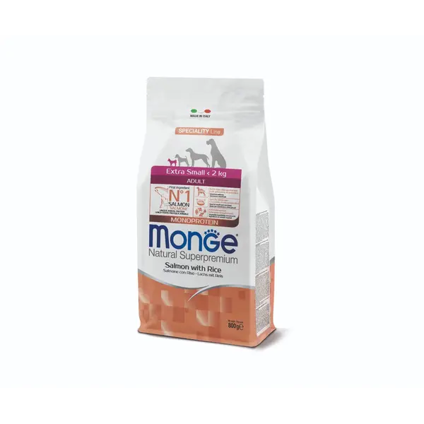 Monge Extra Small Adult Monoprotein Salmon with Rice - Пълноценна суха храна за кучета в зряла възраст от миниатюрните породи със сьомга и ориз - 800 г