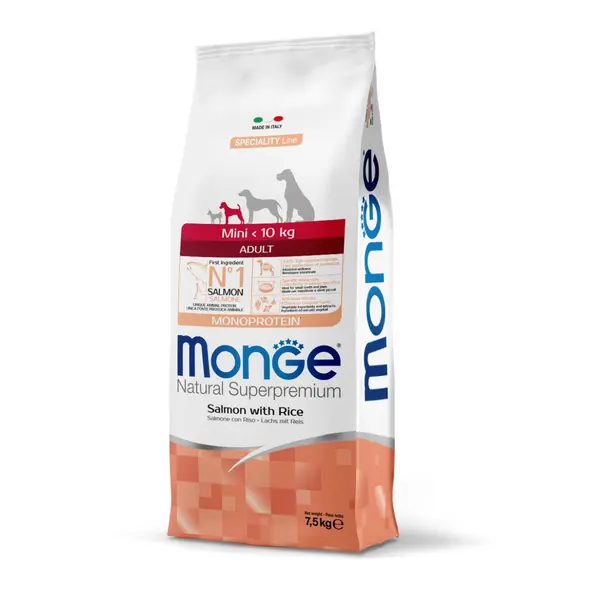 Monge Mini Adult Monoprotein Salmon with Rice - Пълноценна суха храна за кучета в зряла възраст от дребните породи със сьомга и ориз - 2,5 кг