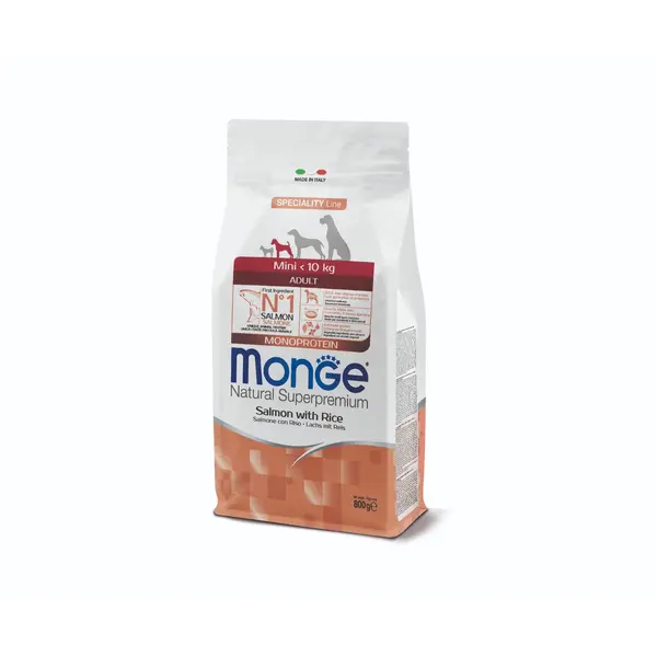 Monge Mini Adult Monoprotein Salmon with Rice - Пълноценна суха храна за кучета в зряла възраст от дребните породи със сьомга и ориз - 7,5 кг