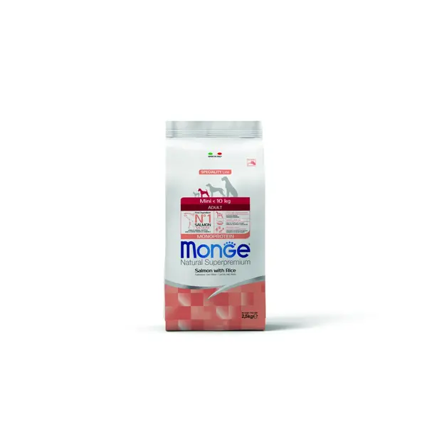 Monge Mini Adult Monoprotein Salmon with Rice - Пълноценна суха храна за кучета в зряла възраст от дребните породи със сьомга и ориз - 2,5 кг