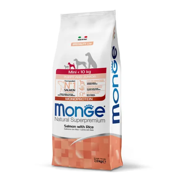 Monge Mini Puppy and Junior Monoprotein Salmon with Rice - Пълноценна суха храна за подрастващи кученца от дребните породи със сьомга и ориз - 2,5 кг