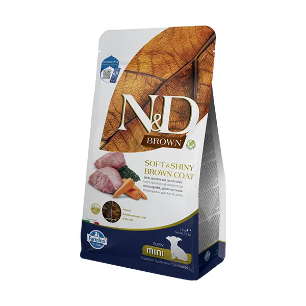 N&D Brown Dog Lamb, Spirulina & Carrot Puppy MINI – суха храна без зърнени култури за подрастващи кученца с кафява козина от мини породи, с агнешко, спирулина и морков - 1,5 кг
