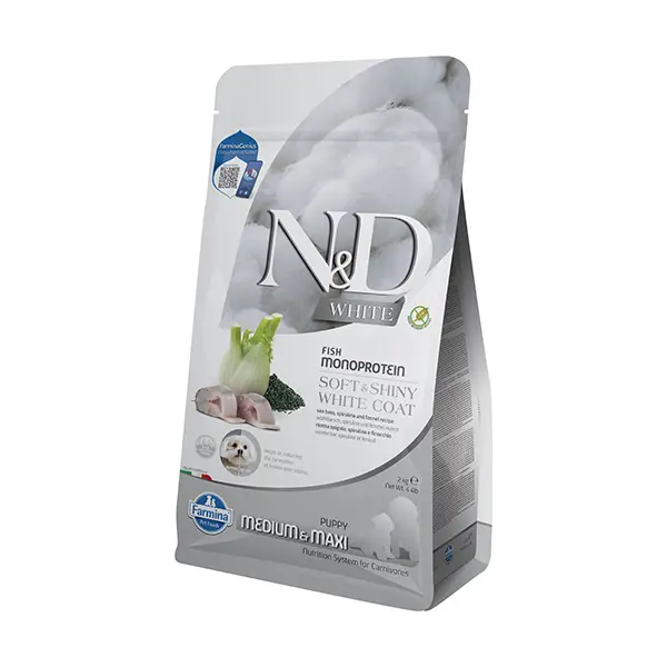 N&D White Dog Sea Bass, Spirulina & Fennel Puppy Medium & Maxi – монопротеинова храна без зърнени култури за подрастващи кученца с бяла козина от средни и едри породи, с лаврак, спирулина и фенел - 2 кг
