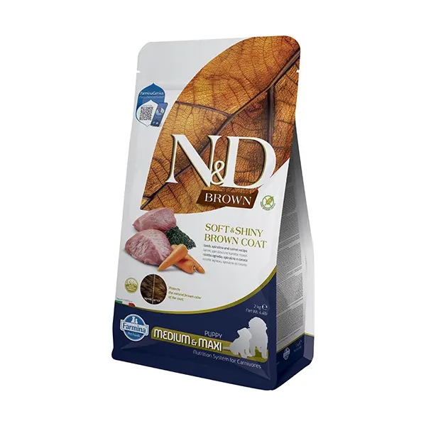 N&D Brown Dog Lamb, Spirulina & Carrot Puppy Medium & Maxi – суха храна без зърнени култури за подрастващи кученца с кафява козина от средни и едри породи, с агнешко, спирулина и морков - 2 кг