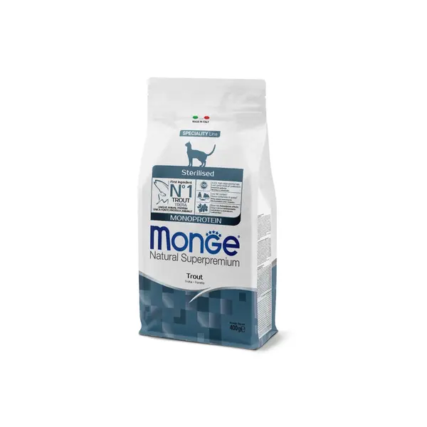 Monge Natural Superpremium Monoprotein Sterilised Cat Trout - Пълноценна суха храна за кастрирани котки с пъстърва - 400 г