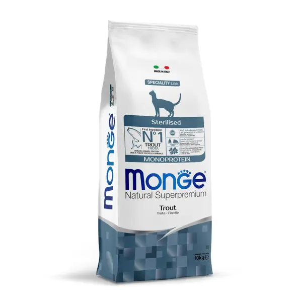 Monge Natural Superpremium Monoprotein Sterilised Cat Trout - Пълноценна суха храна за кастрирани котки с пъстърва - 400 г