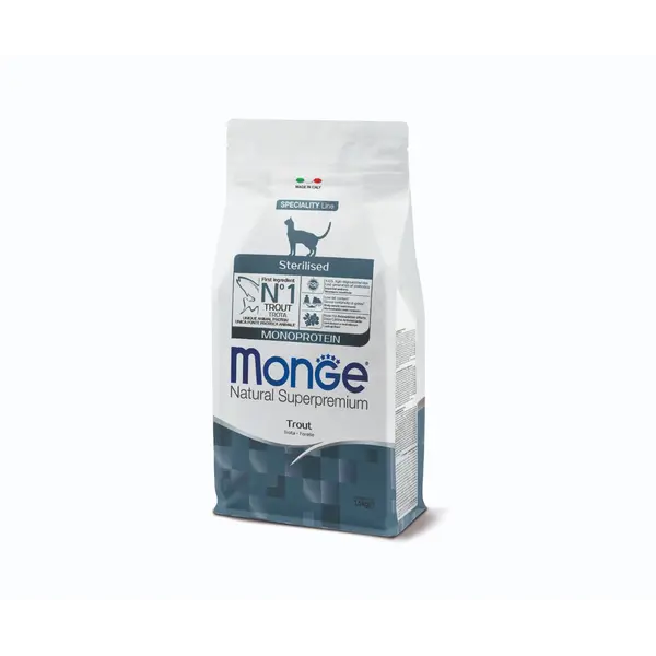 Monge Natural Superpremium Monoprotein Sterilised Cat Trout - Пълноценна суха храна за кастрирани котки с пъстърва - 400 г