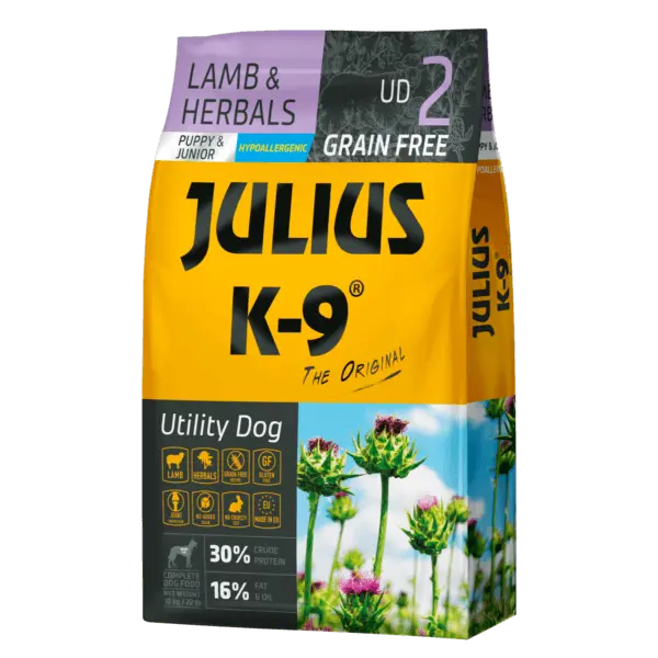 JULIUS-K9 GRAIN FREE PUPPY&JUNIOR LAMB 10 kg – хипоалергенна суха храна за подрастващи кучета с агнешко и билки, без зърнени култури , 10 кг