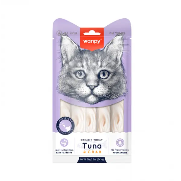 Wanpy Cat - кремообразно лакомство за котки с риба тон и раци, 5х14 г