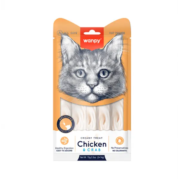 Wanpy Cat - кремообразно лакомство за котки с пилешко и раци, 5х14 г