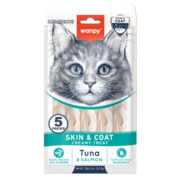Wanpy Cat Skin&Coat кремообразно лакомство за котки с риба тон и сьомга, за лъскава козина, 5х14 г