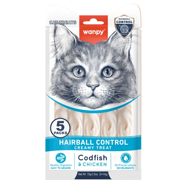 Wanpy Cat Hairball Control кремообразно лакомство за котки с риба треска и пилешко, срещу топки косми, 5х14 г