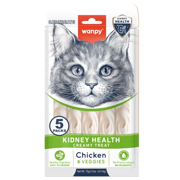 Wanpy Cat Kidney Health кремообразно лакомство за котки с пилешко и зеленчуци, при проблеми с бъбреците, 5х14 г