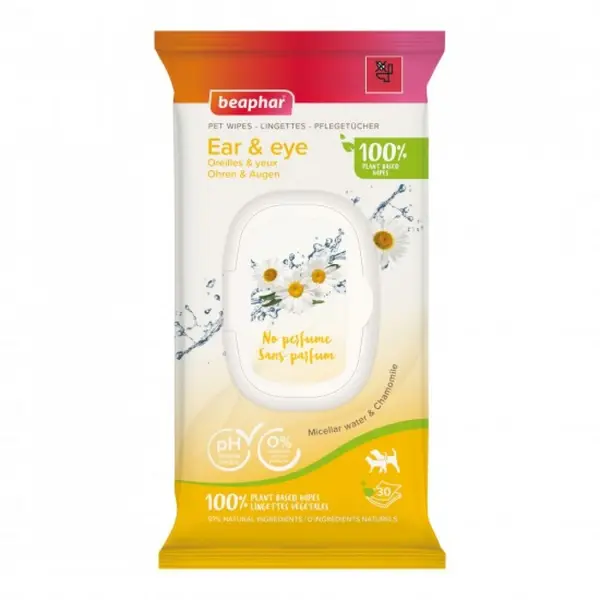 Beaphar  Pet Wipes Eye&Ear биоразградими мокри кърпички за очи и уши с лайка и мицеларна вода