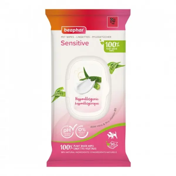 Beaphar  Pet Wipes Sensitive биоразградими мокри кърпички с алое вера за чувствителна кожа