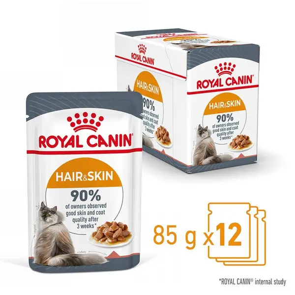 Royal Canin  Hair & Skin In Gravy 12x85g - Пауч за котки в зряла възраст с чувствителна кожа и козина без блясък 12 бр х 85 г