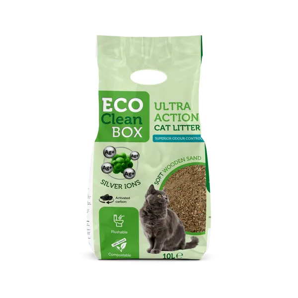 Eco Clean Box Ultra action 10L - котешка постелка от дървесни фибри със сребърни йони активен въглен