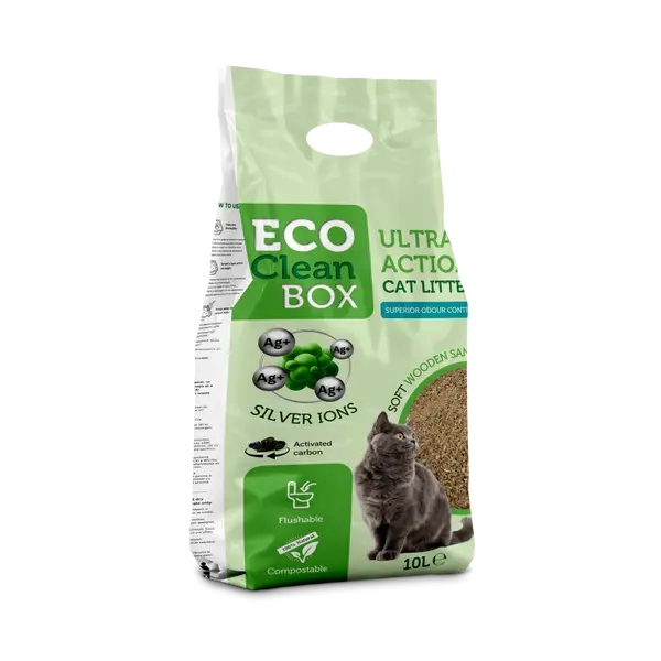 Eco Clean Box Ultra action 10L - котешка постелка от дървесни фибри със сребърни йони активен въглен