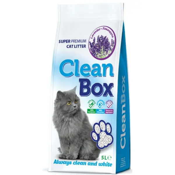 CLEAN BOX Super Premium лавандула, постелка за котешка тоалетна, фин бял бентонит, 5 л
